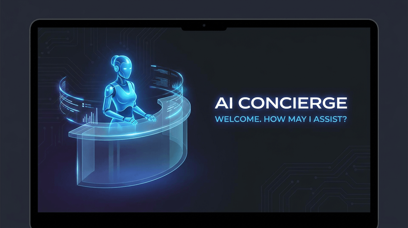 Holographic AI concierge standing at a reception desk on a laptop screen