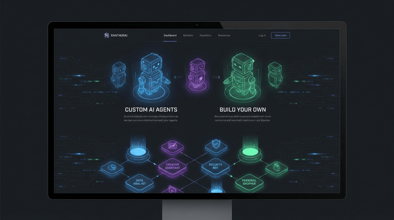 Dashboard with glowing robot characters for building custom AI agents