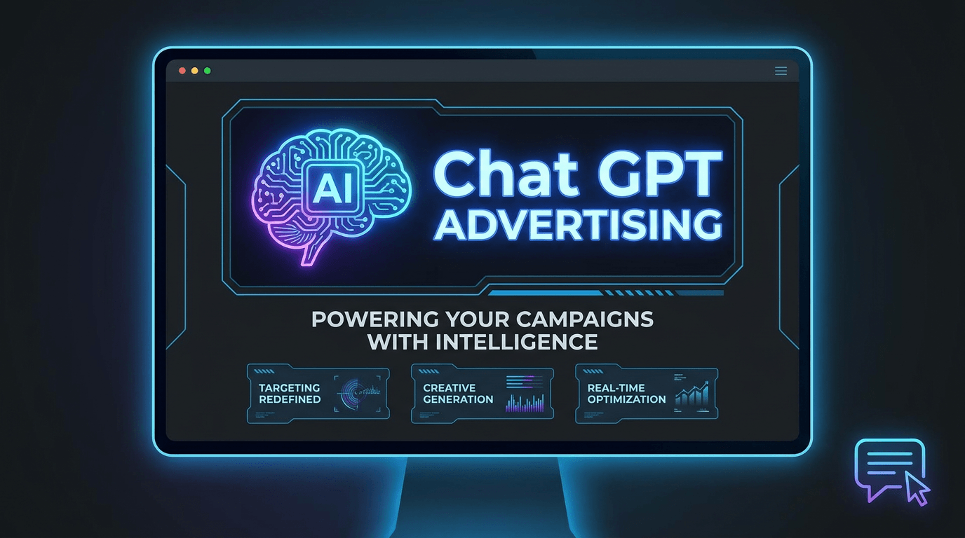 Neon monitor displaying ChatGPT advertising with campaign intelligence panels