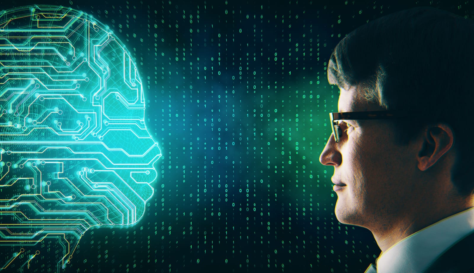 Man face to face with a glowing digital circuit-board silhouette