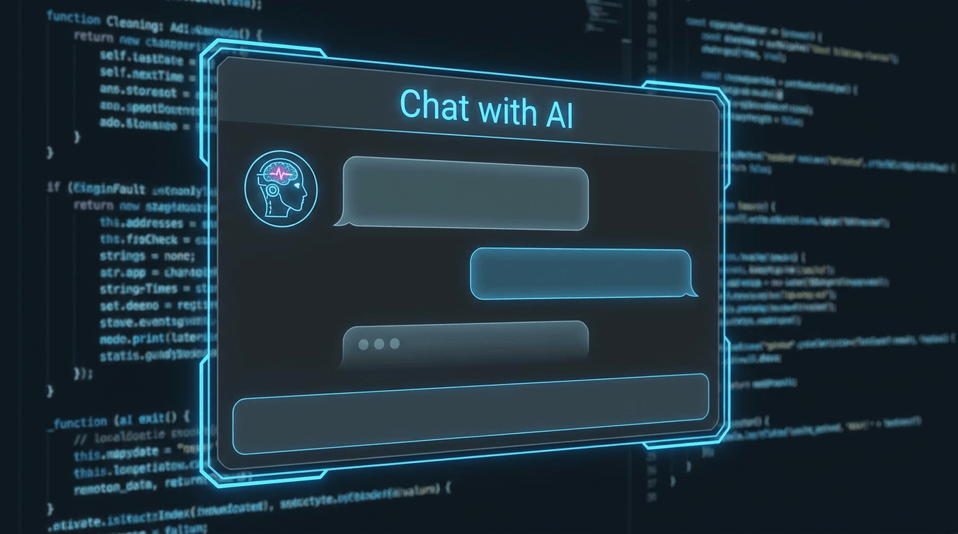 AI chat widget with message bubbles floating over a code background